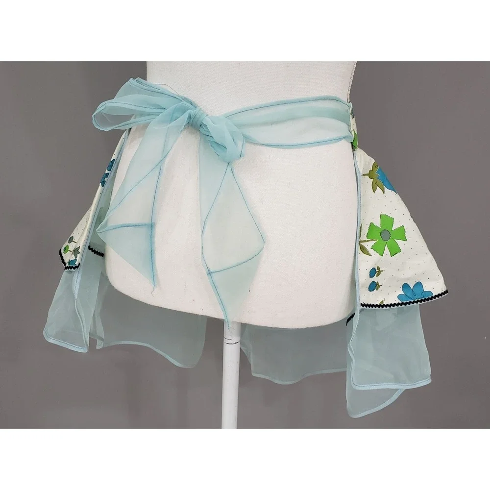 Vintage 1950s Blue Floral Hostess Apron Sheer Organza Overlay Bow Waist Retro